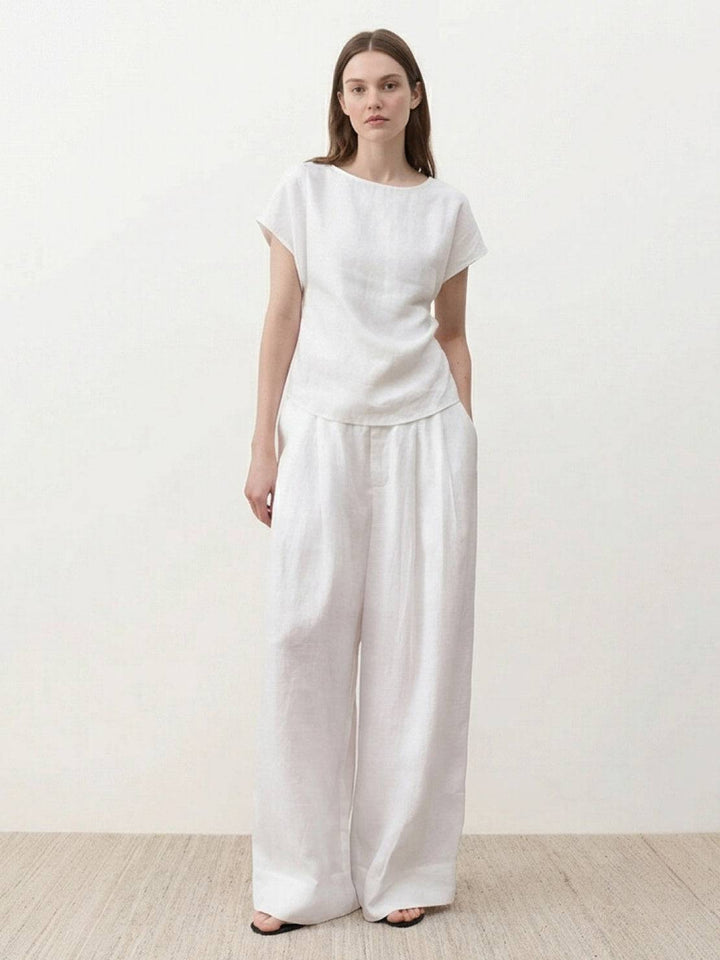 Linen-Bamboo Pleated Wide-Leg Pants white image 3 