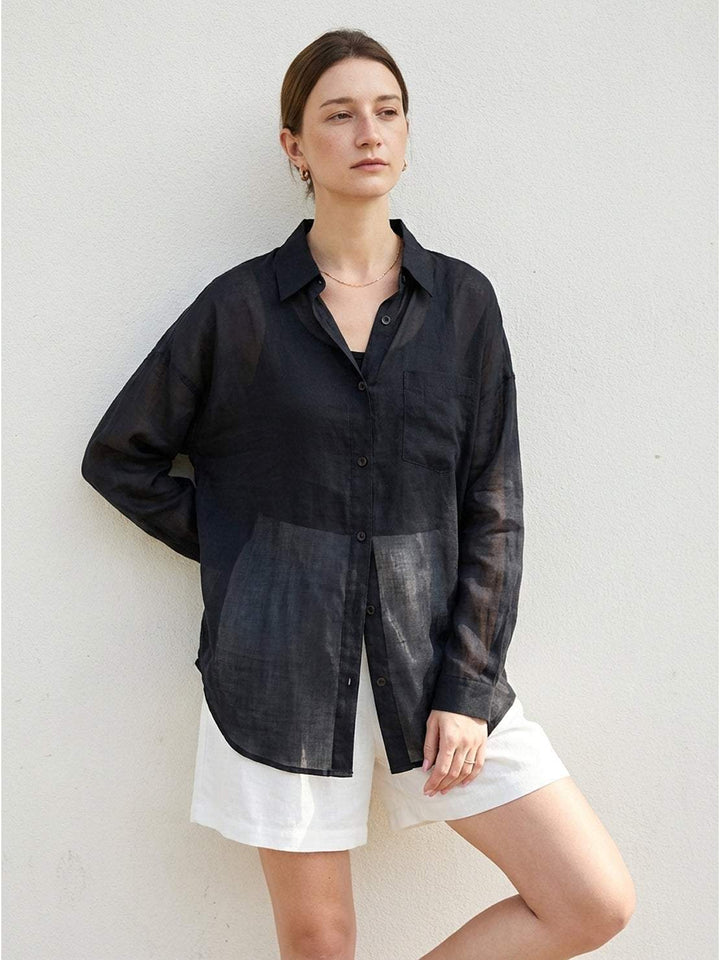 100% Linen Sheer Overshirt black image 1 