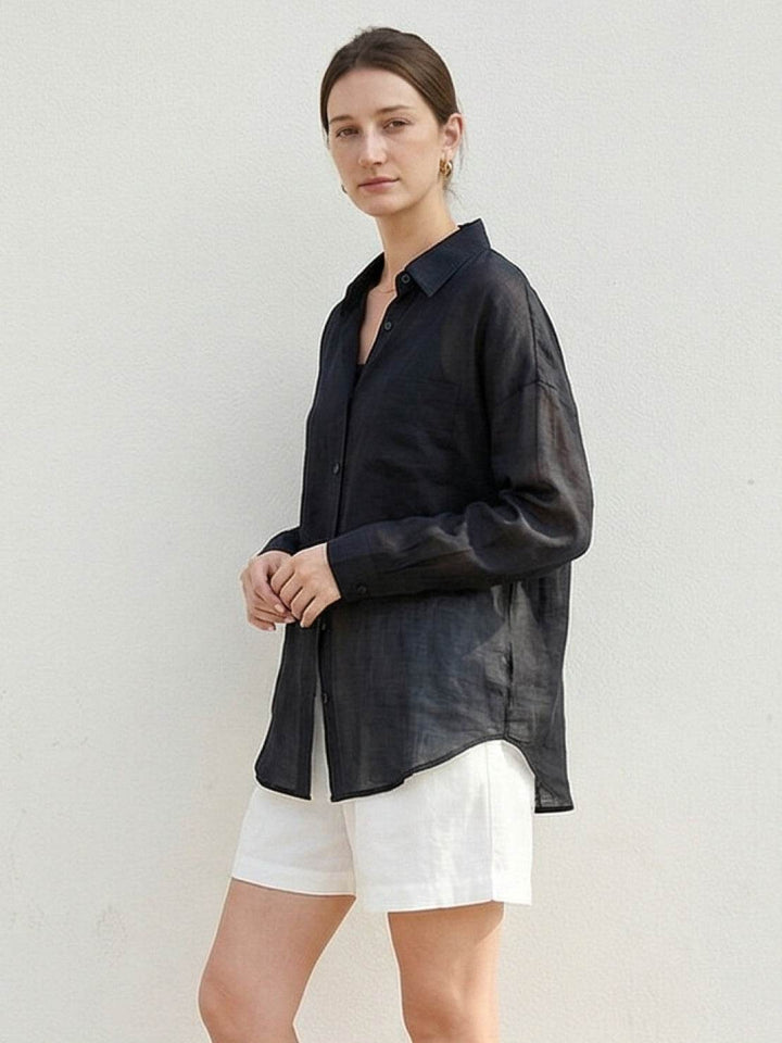 100% Linen Sheer Overshirt black image 4 