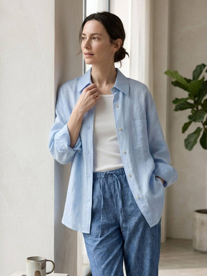100% Linen Dropped-Shoulder Shirt light blue image 2 