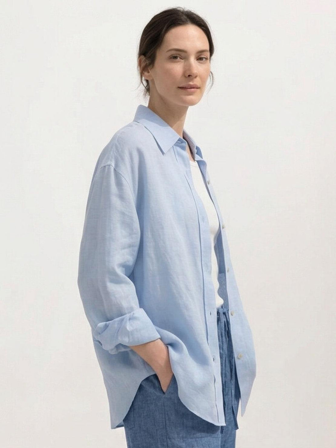 100% Linen Dropped-Shoulder Shirt light blue image 3 