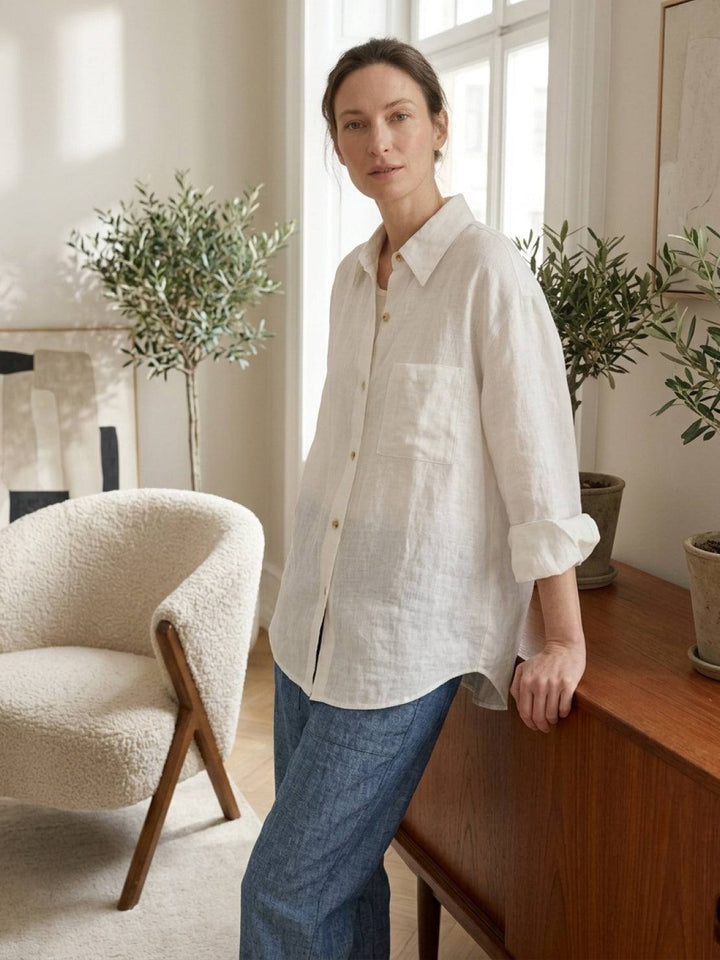100% Linen Dropped-Shoulder Shirt white image 2 