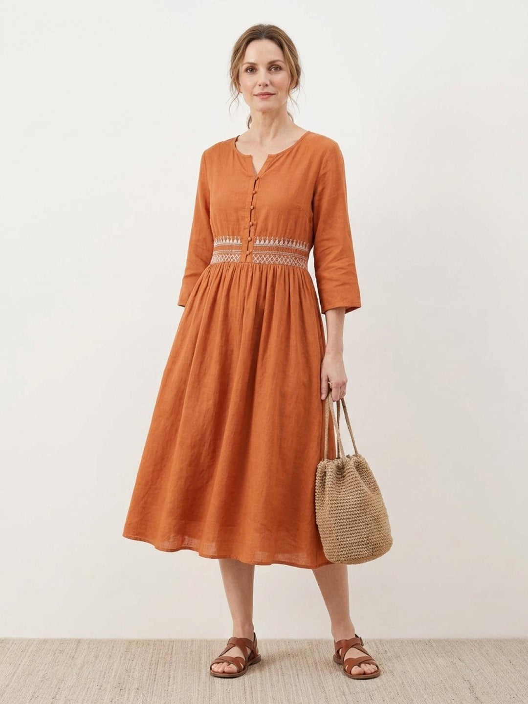 100% Cotton Linen Embroidered Midi Dress rusty orange image 1 