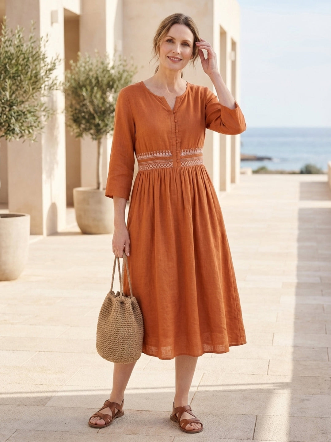 100% Cotton Linen Embroidered Midi Dress rusty orange image 2 