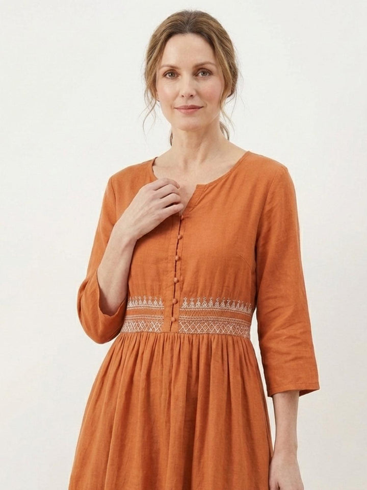 100% Cotton Linen Embroidered Midi Dress rusty orange image 3 