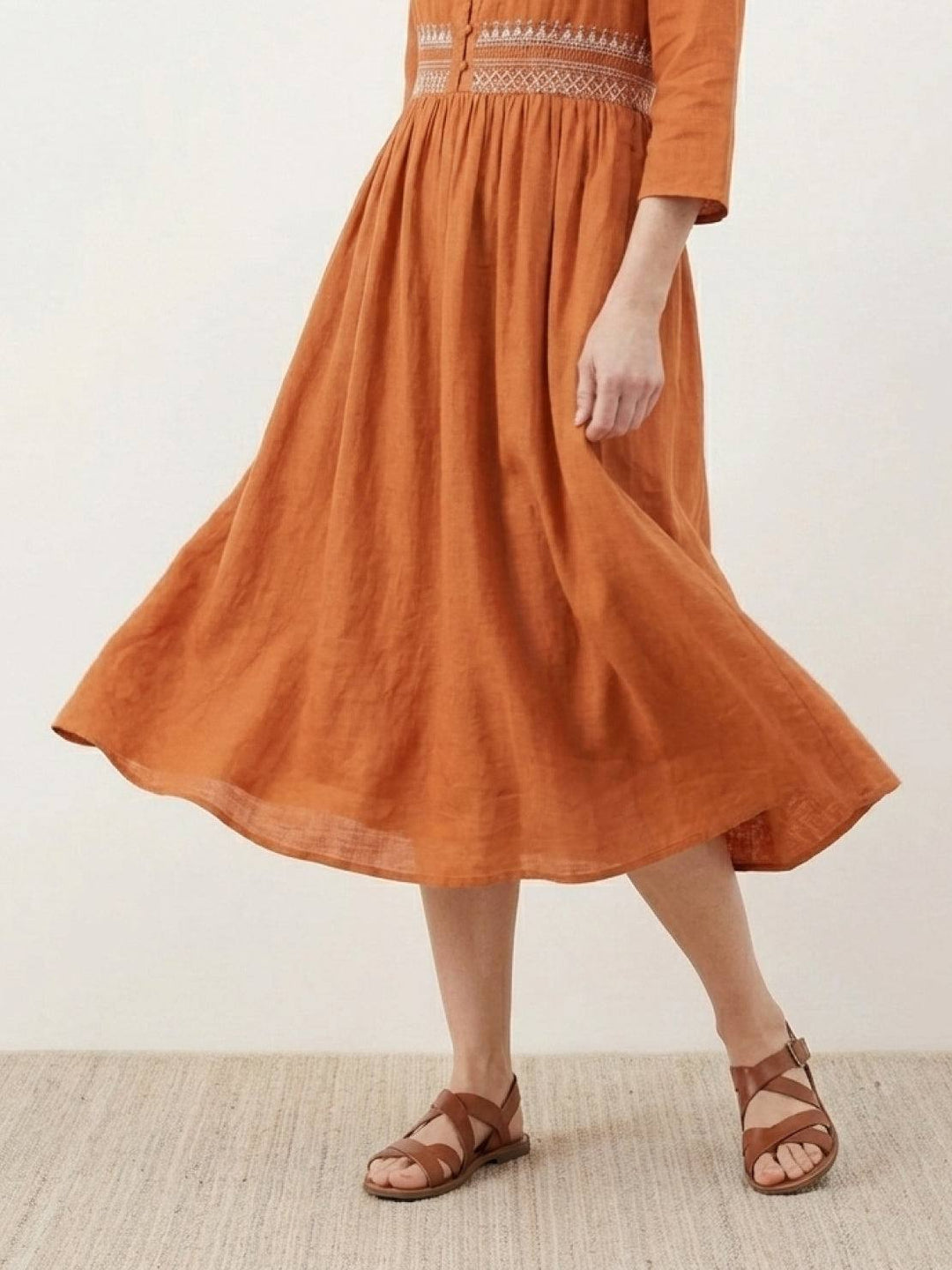 100% Cotton Linen Embroidered Midi Dress rusty orange image 4 