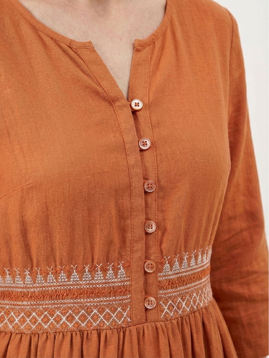 100% Cotton Linen Embroidered Midi Dress rusty orange image 5 