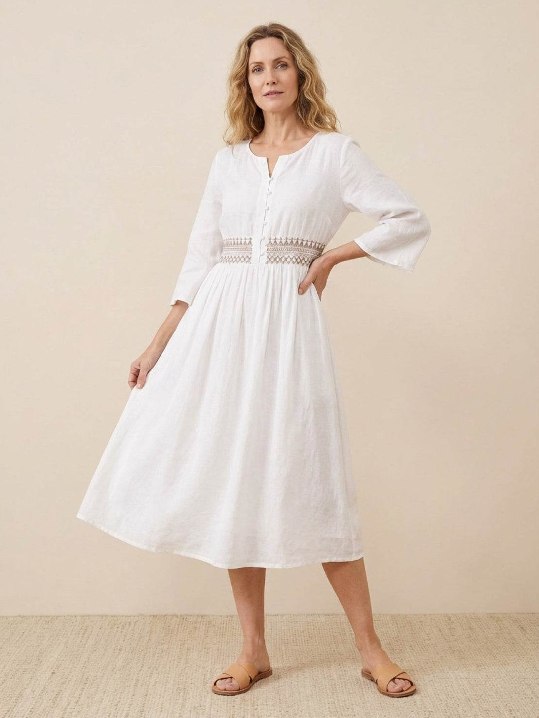 100% Cotton Linen Embroidered Midi Dress white image 1 