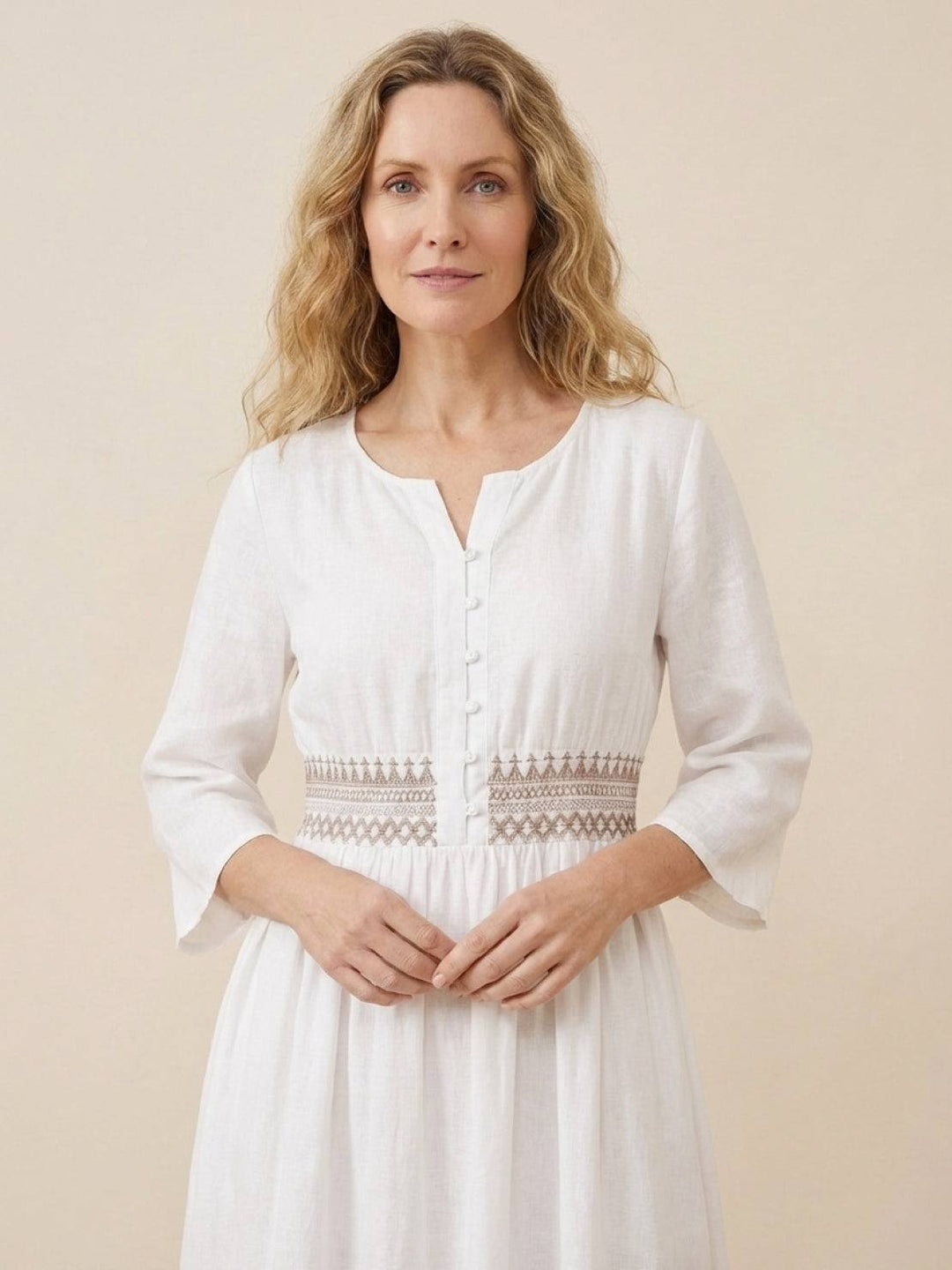 100% Cotton Linen Embroidered Midi Dress white image 3 