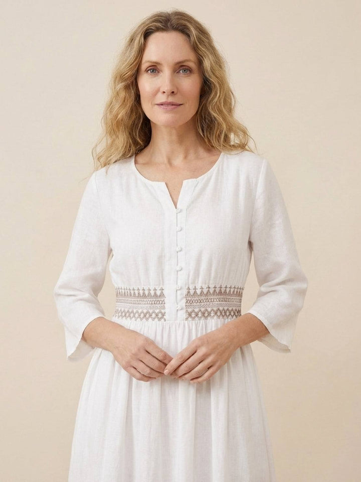 100% Cotton Linen Embroidered Midi Dress white image 3 
