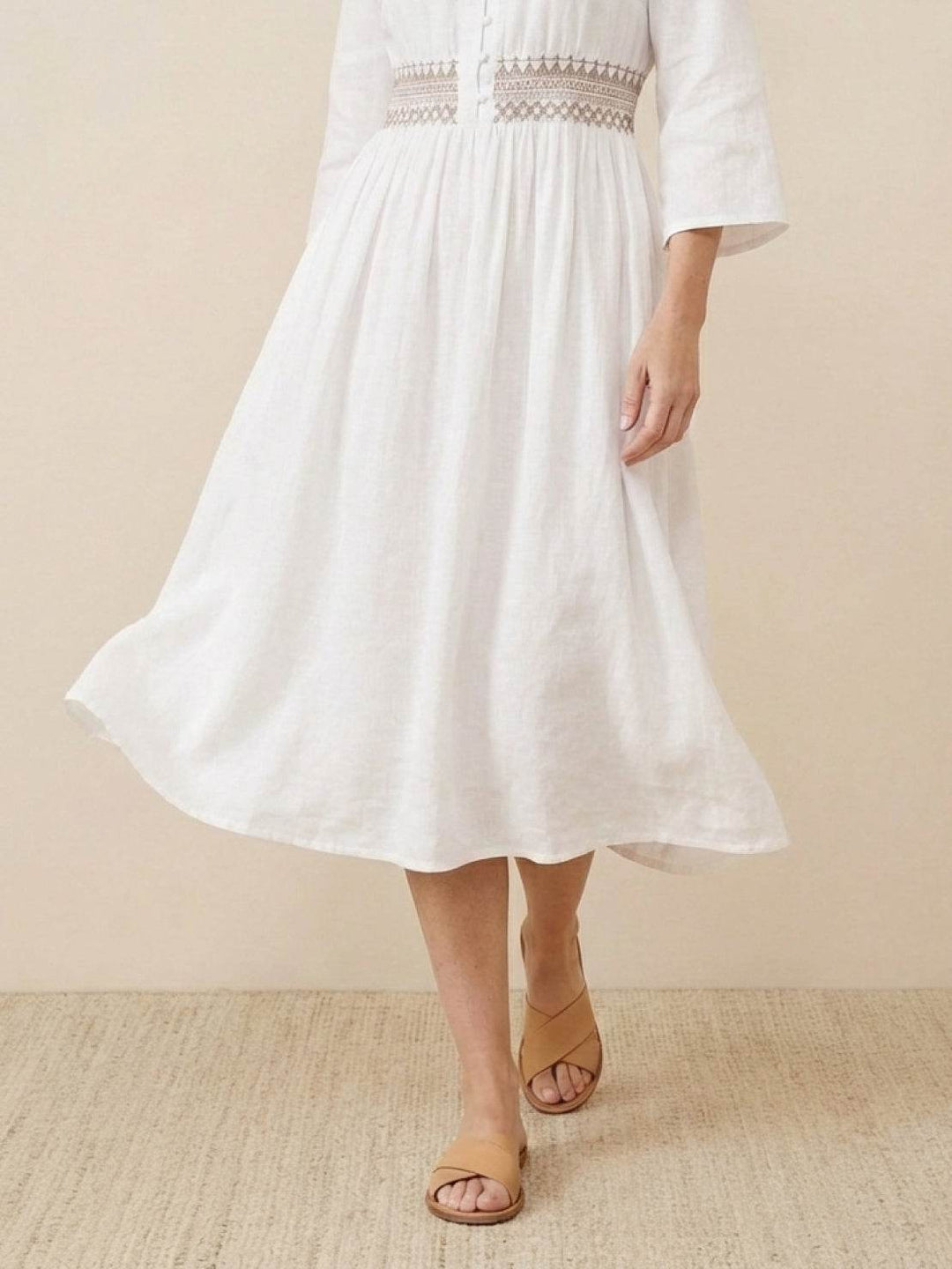 100% Cotton Linen Embroidered Midi Dress white image 4 