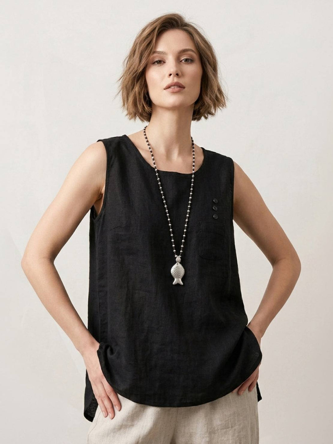 100% Cotton Linen Sleeveless Vest black image 1 