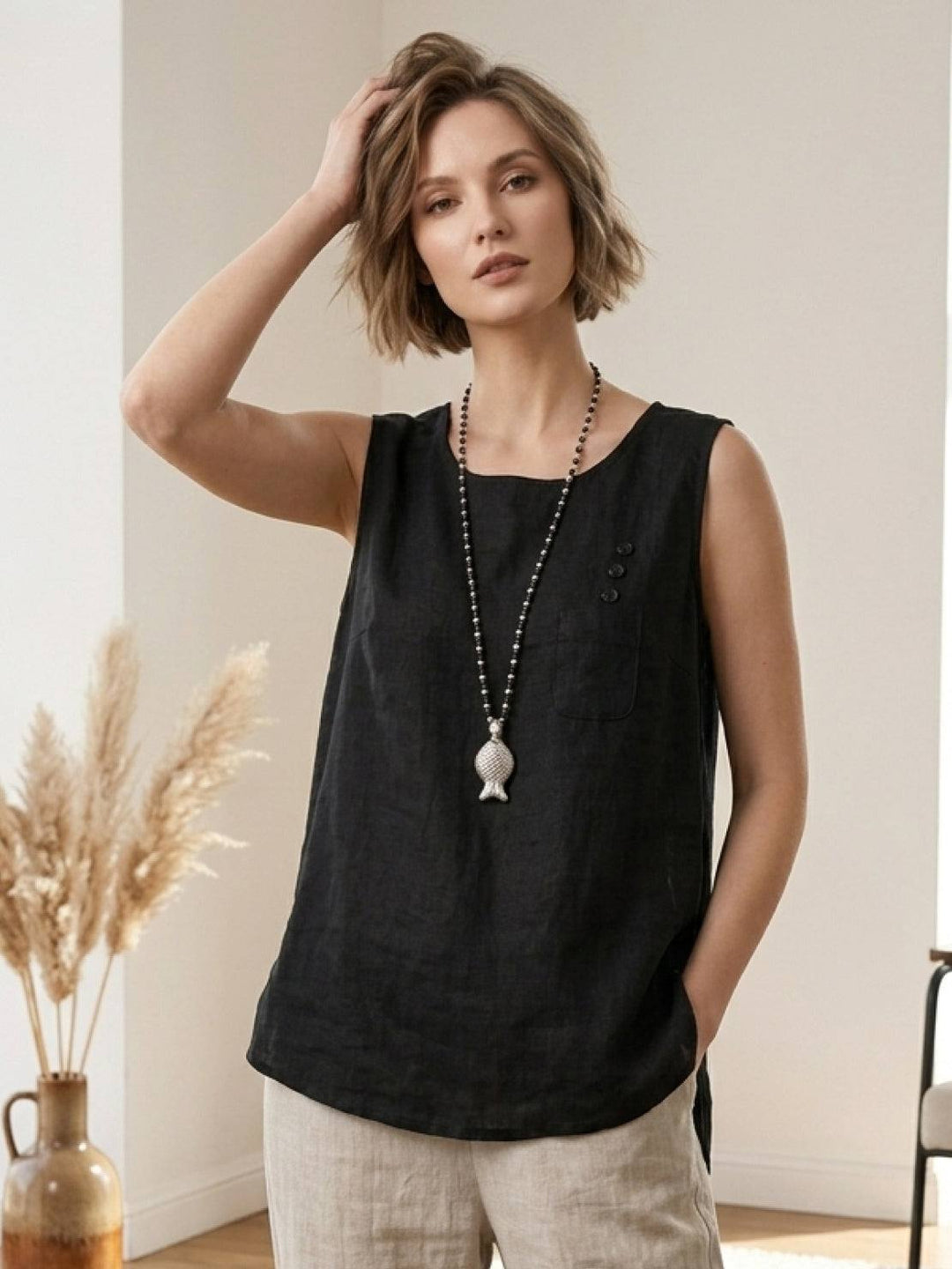 100% Cotton Linen Sleeveless Vest black image 2 
