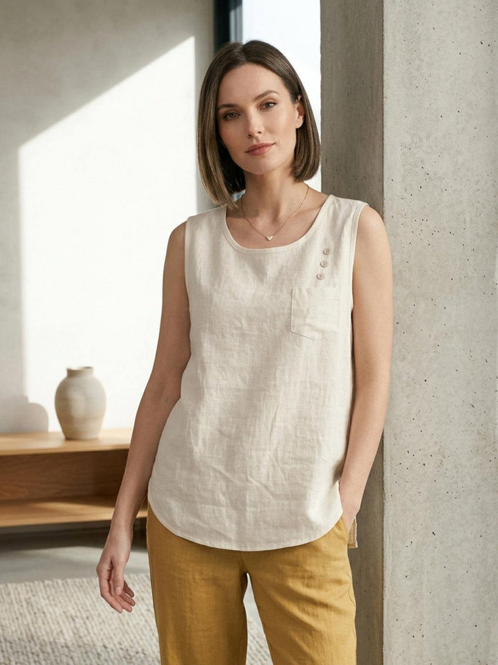 100% Cotton Linen Sleeveless Vest white image 2 