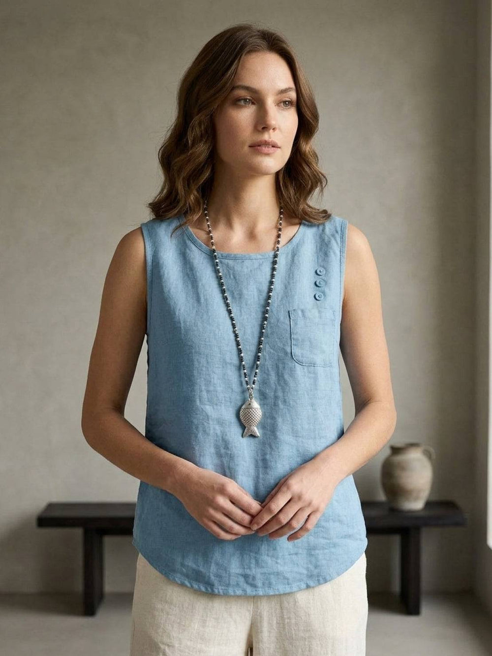 100% Cotton Linen Sleeveless Vest sky blue image 2 #color_sky-blue