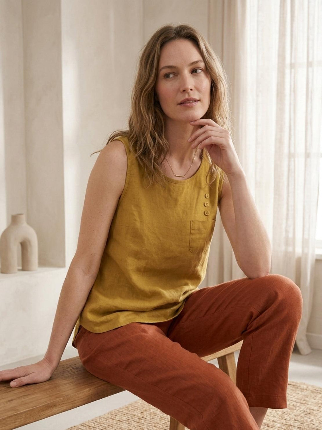 100% Cotton Linen Sleeveless Vest yellow image 2 