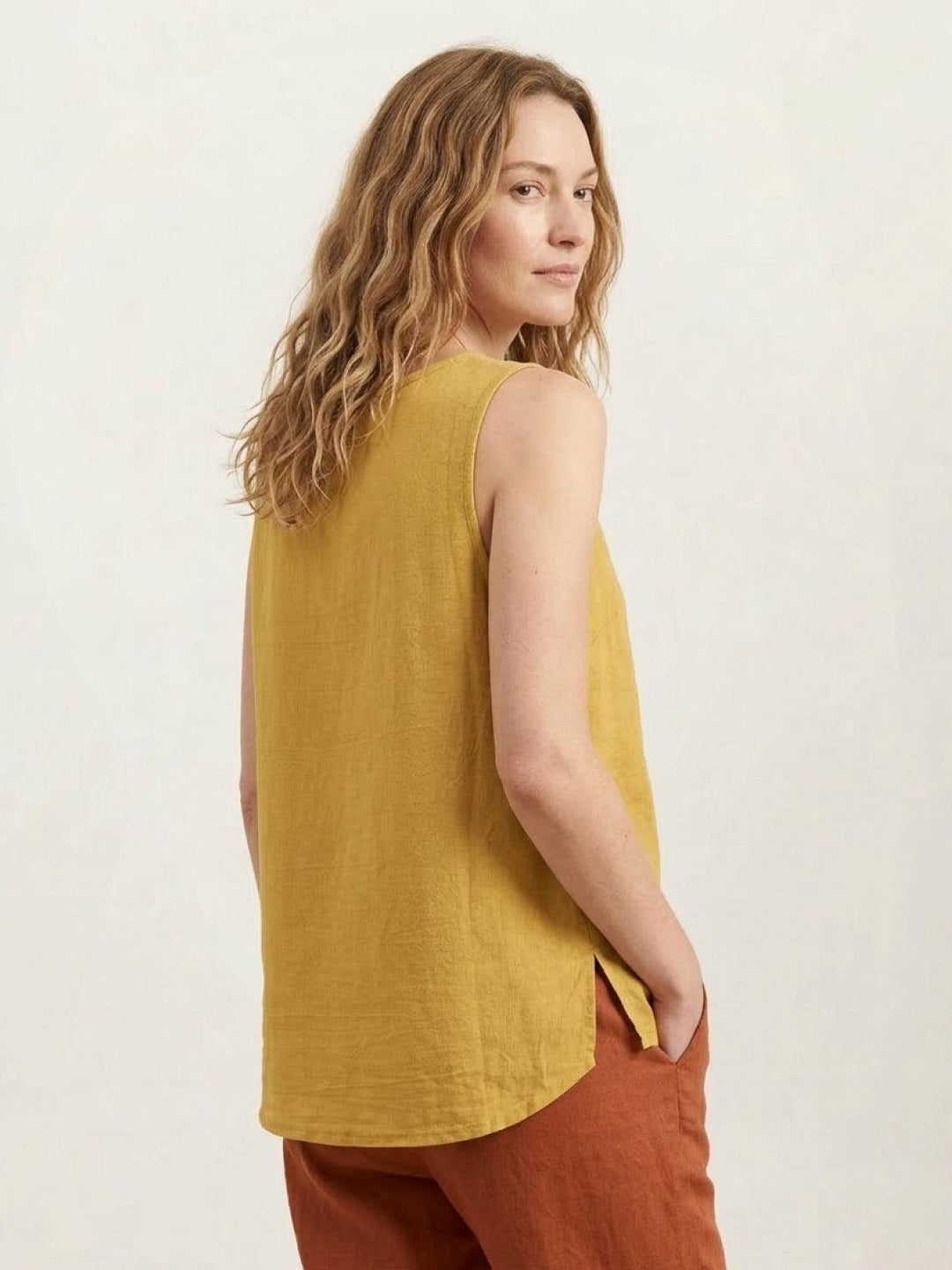 100% Cotton Linen Sleeveless Vest yellow image 3 