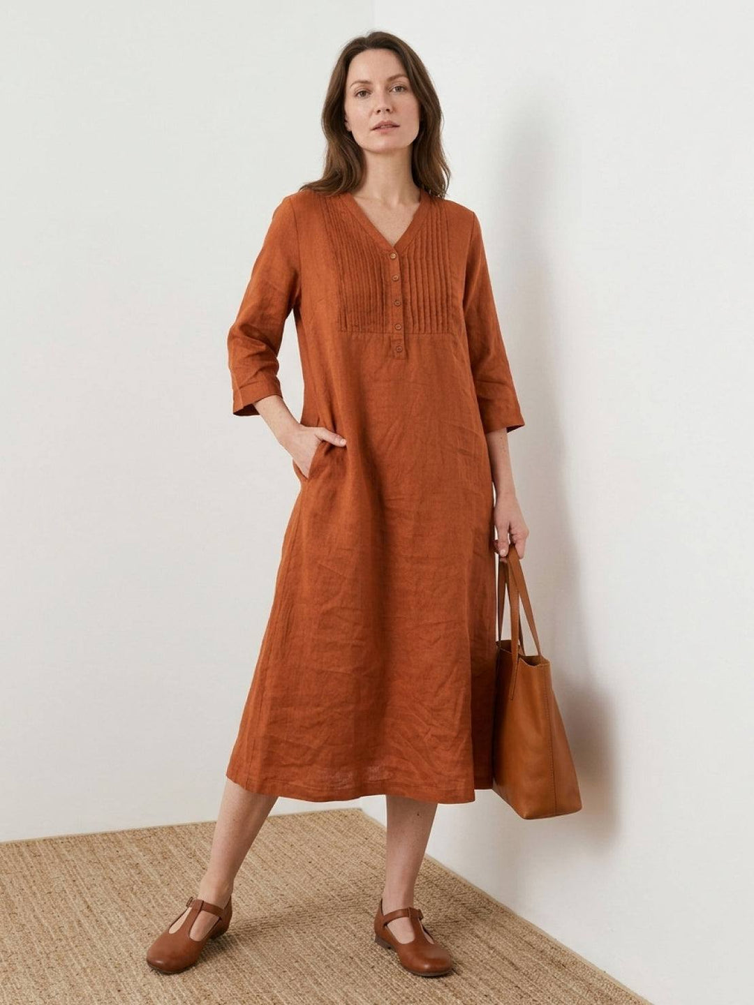 100% Cotton Linen Pintuck Dress rusty orange image 1 