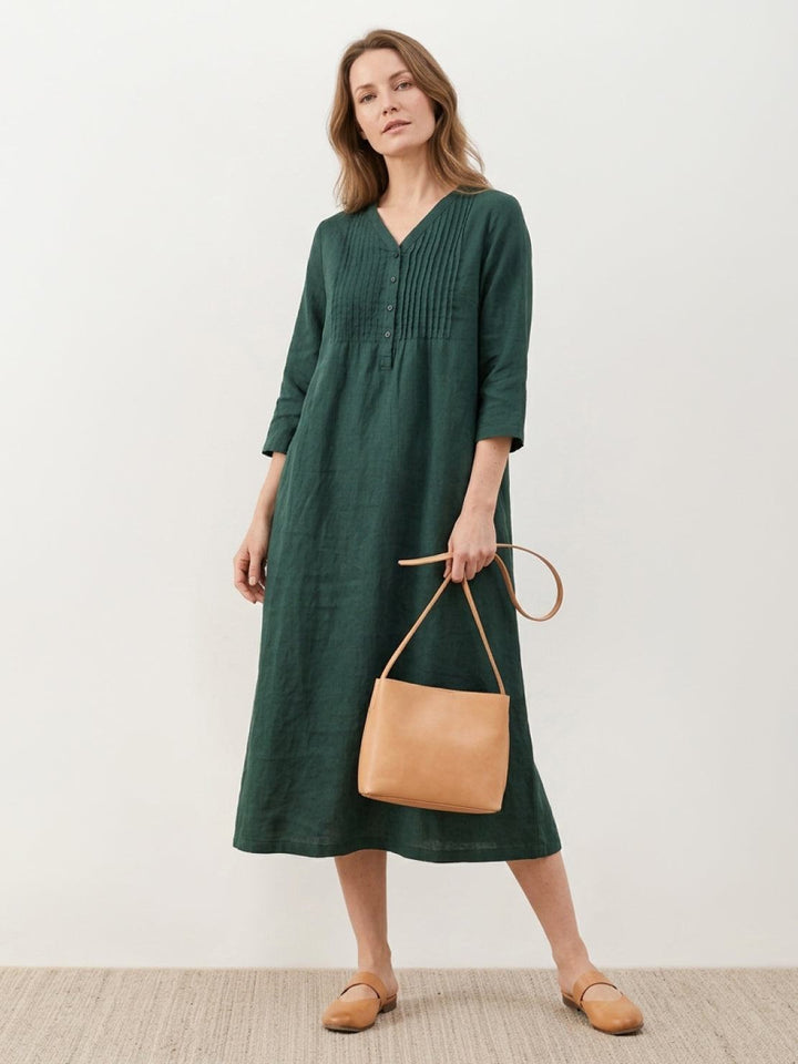 100% Cotton Linen Pintuck Dress dark green image 1 