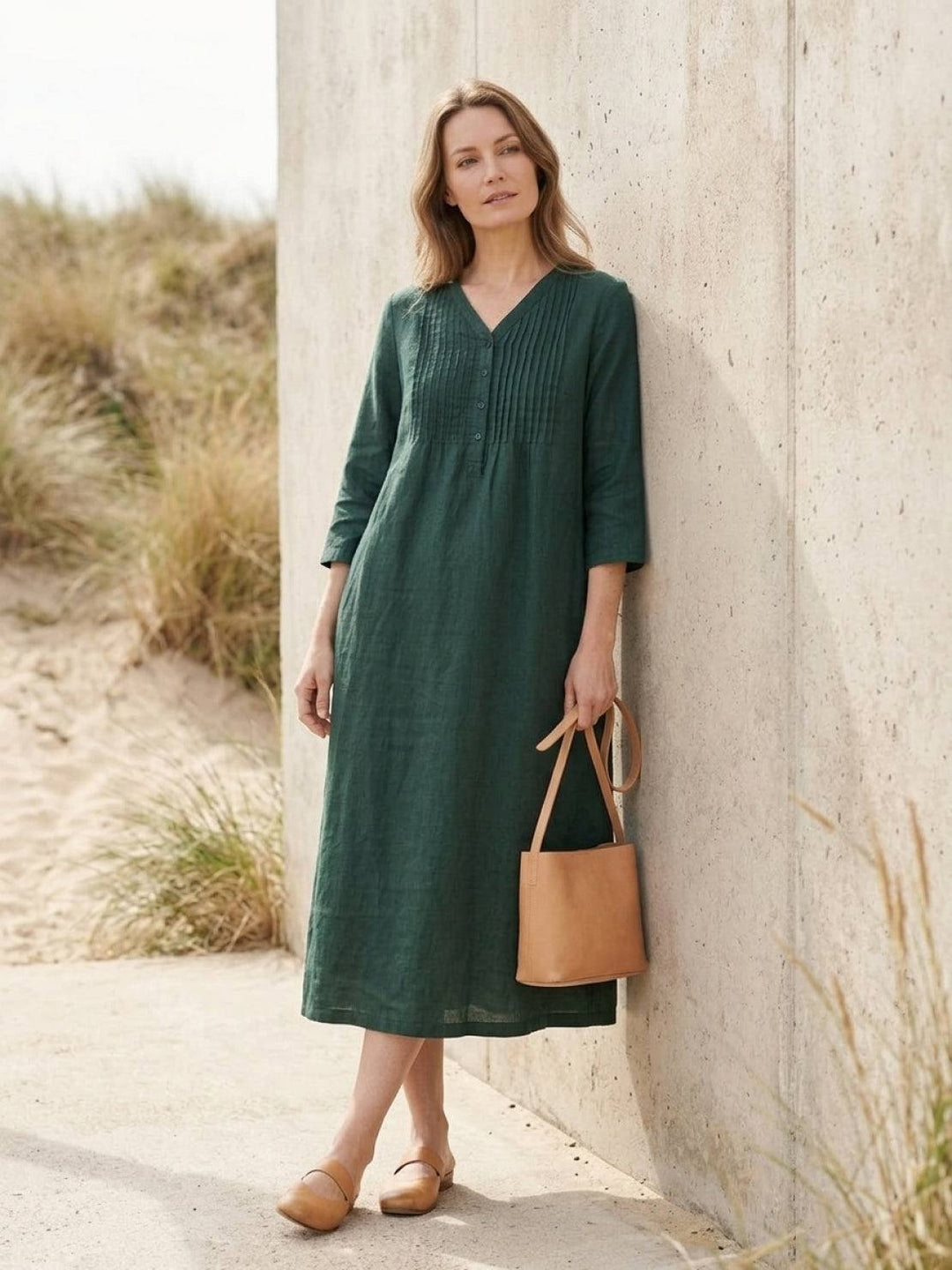 100% Cotton Linen Pintuck Dress dark green image 2 