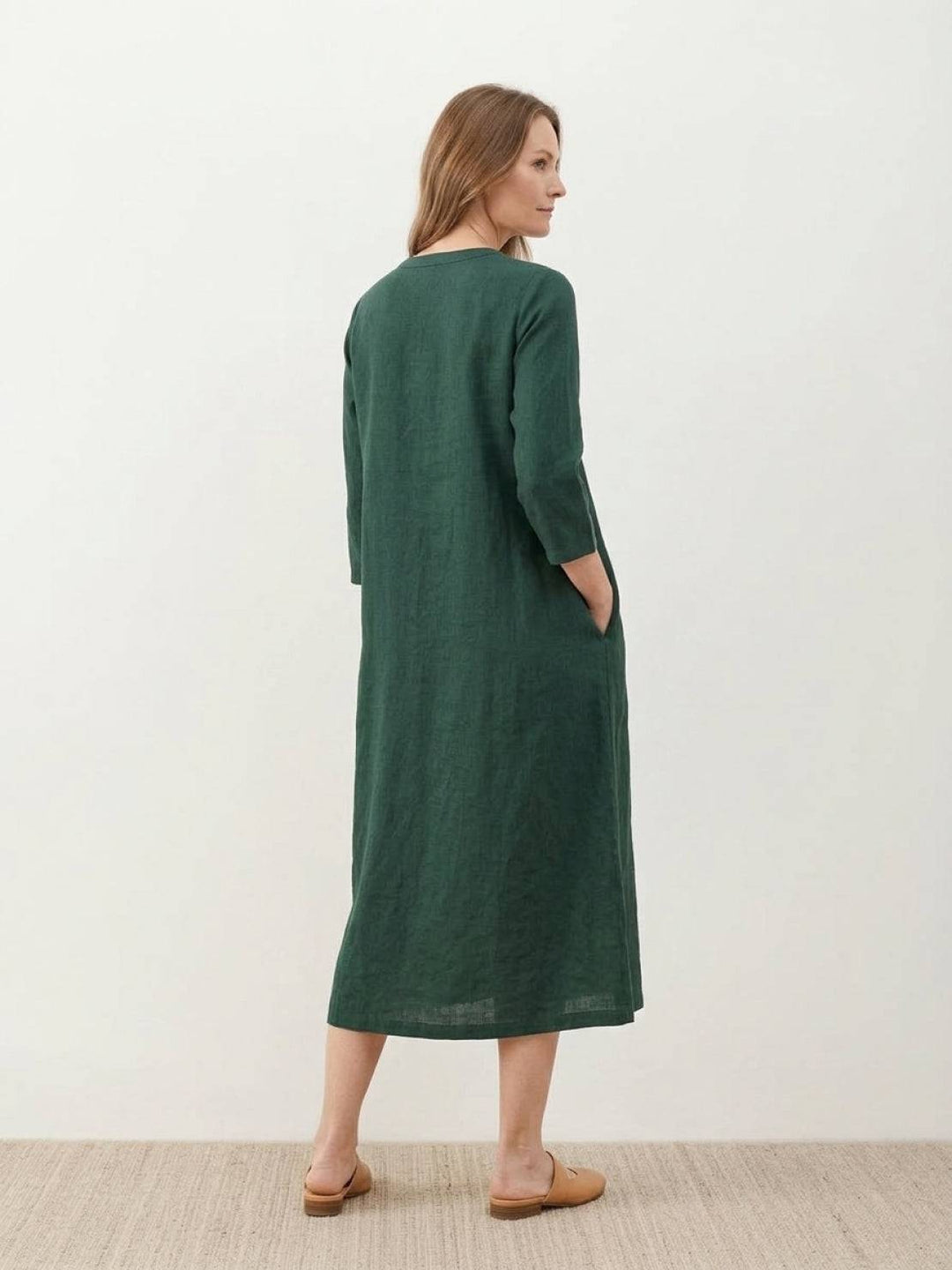 100% Cotton Linen Pintuck Dress dark green image 3 
