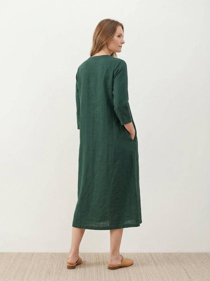 100% Cotton Linen Pintuck Dress dark green image 3 
