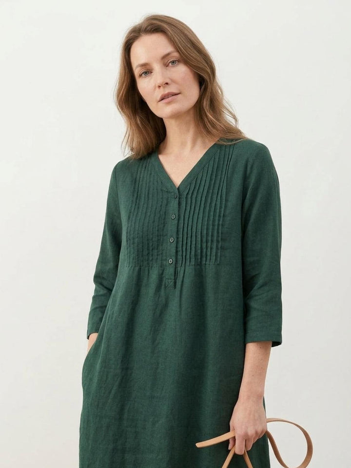 100% Cotton Linen Pintuck Dress dark green image 4 