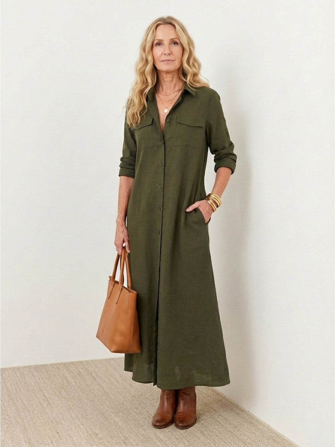 Wrinkle-Free Button-Down Dress army green image 1 