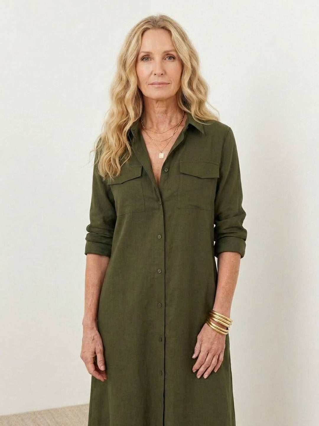 Wrinkle-Free Button-Down Dress army green image 4 