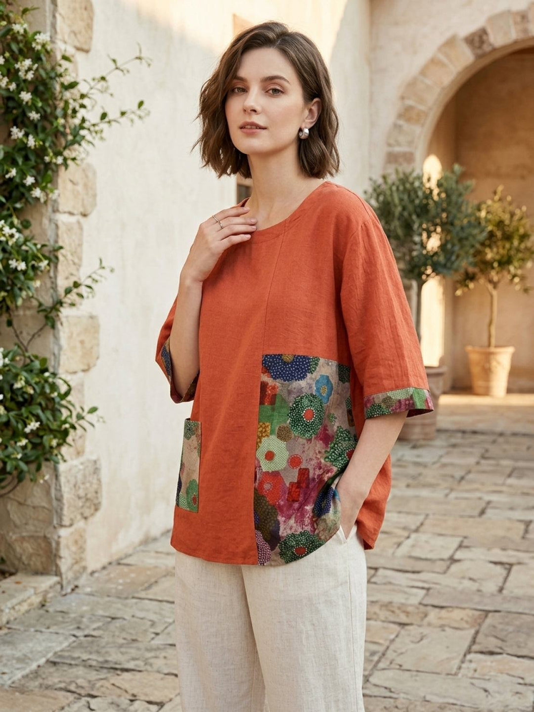 Oversized 100% Cotton Linen Floral Shirt