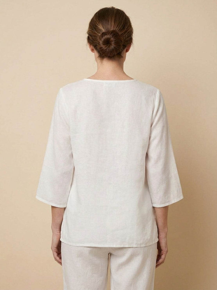 100% Cotton Linen Hand-Embroidered Shirt white image 4 