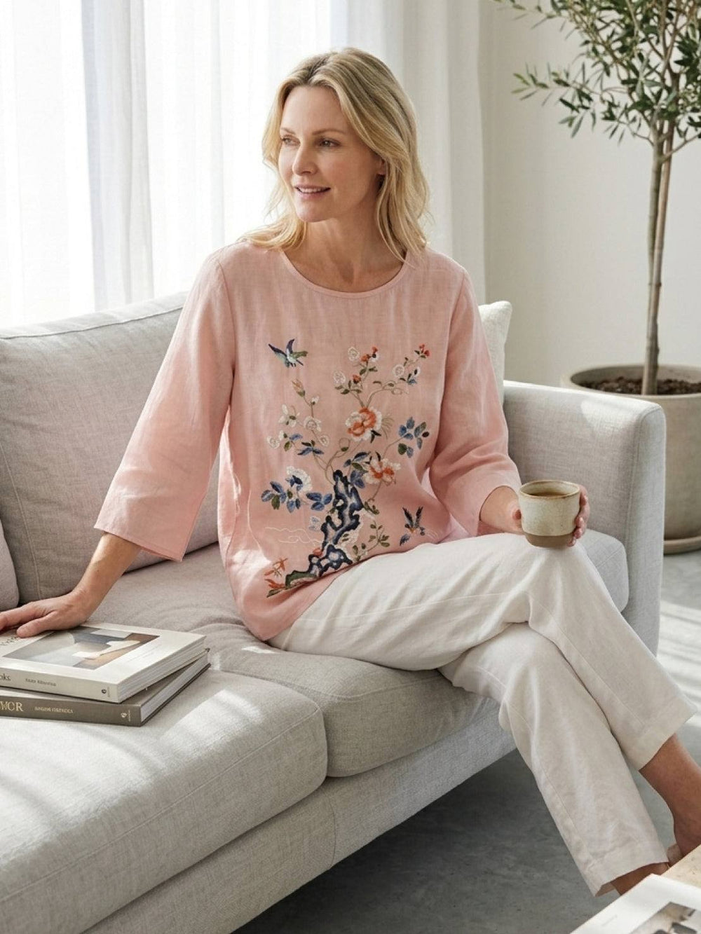 100% Cotton Linen Hand-Embroidered Shirt blush pink image 2 #color_blush-pink