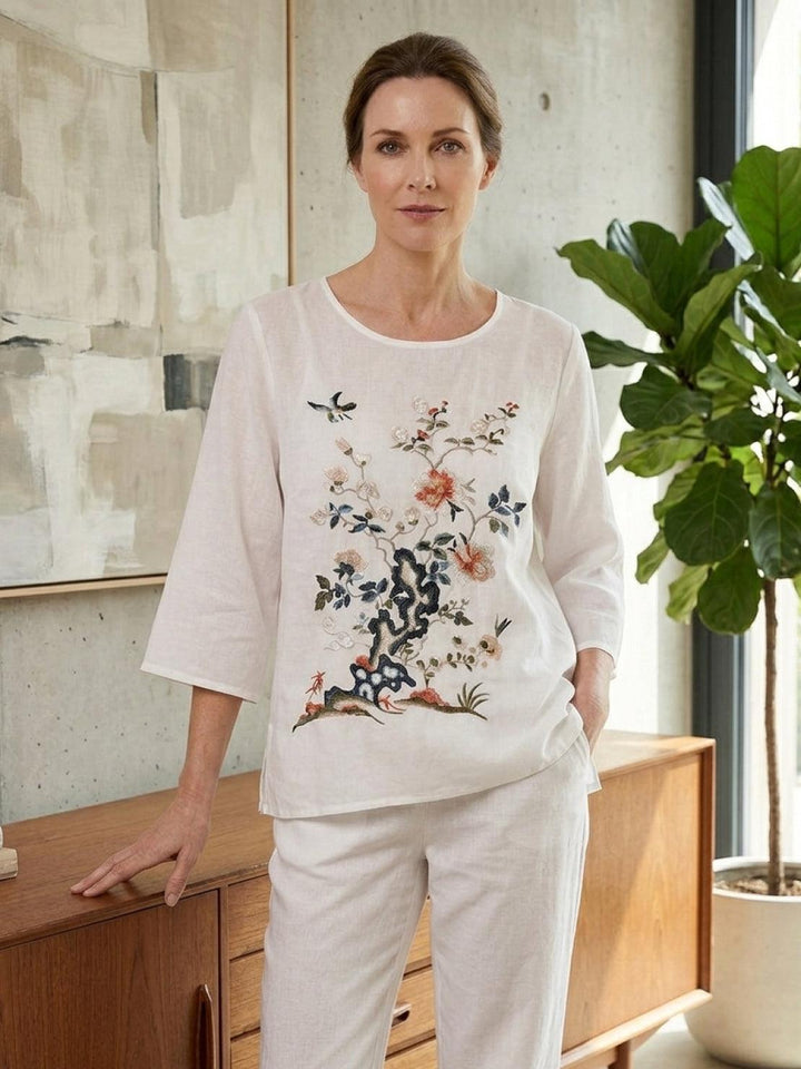100% Cotton Linen Hand-Embroidered Shirt white image 2 