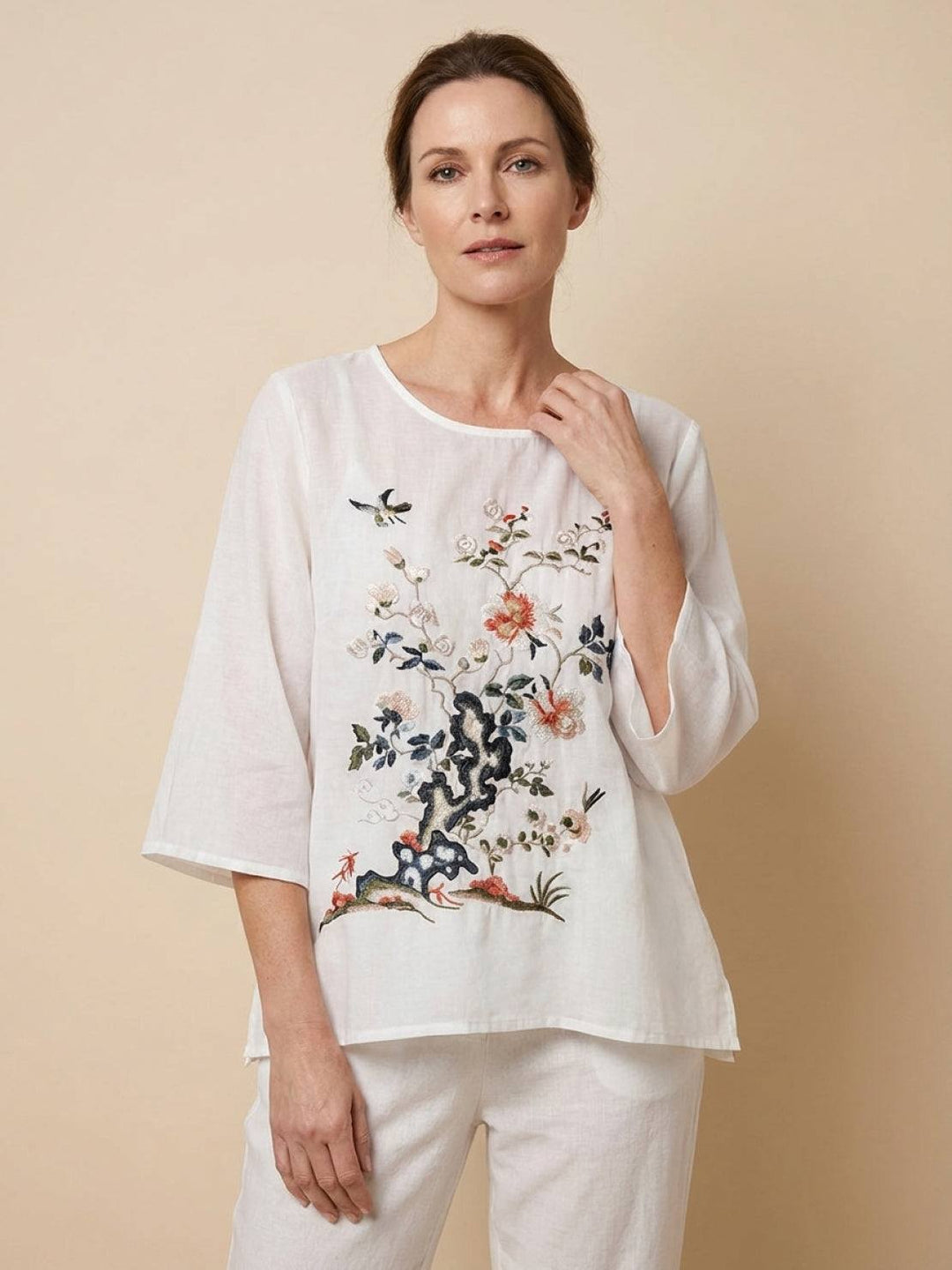 100% Cotton Linen Hand-Embroidered Shirt white image 1 