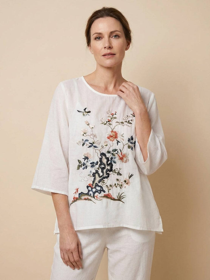 100% Cotton Linen Hand-Embroidered Shirt white image 1 