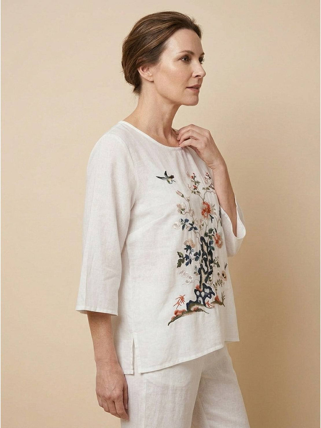 100% Cotton Linen Hand-Embroidered Shirt white image 3 