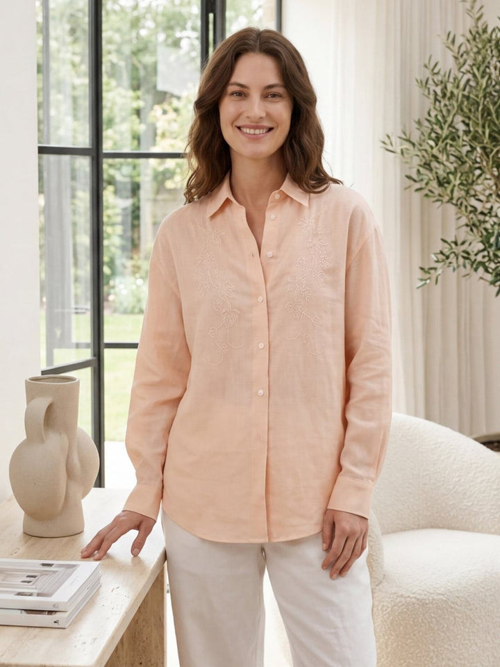 Ramie Linen-Lyocell Embroidered Shirt peach fuzz image 2 