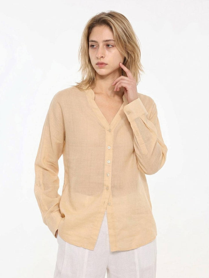100% Linen V-Neck Shirt golden sand image 1 