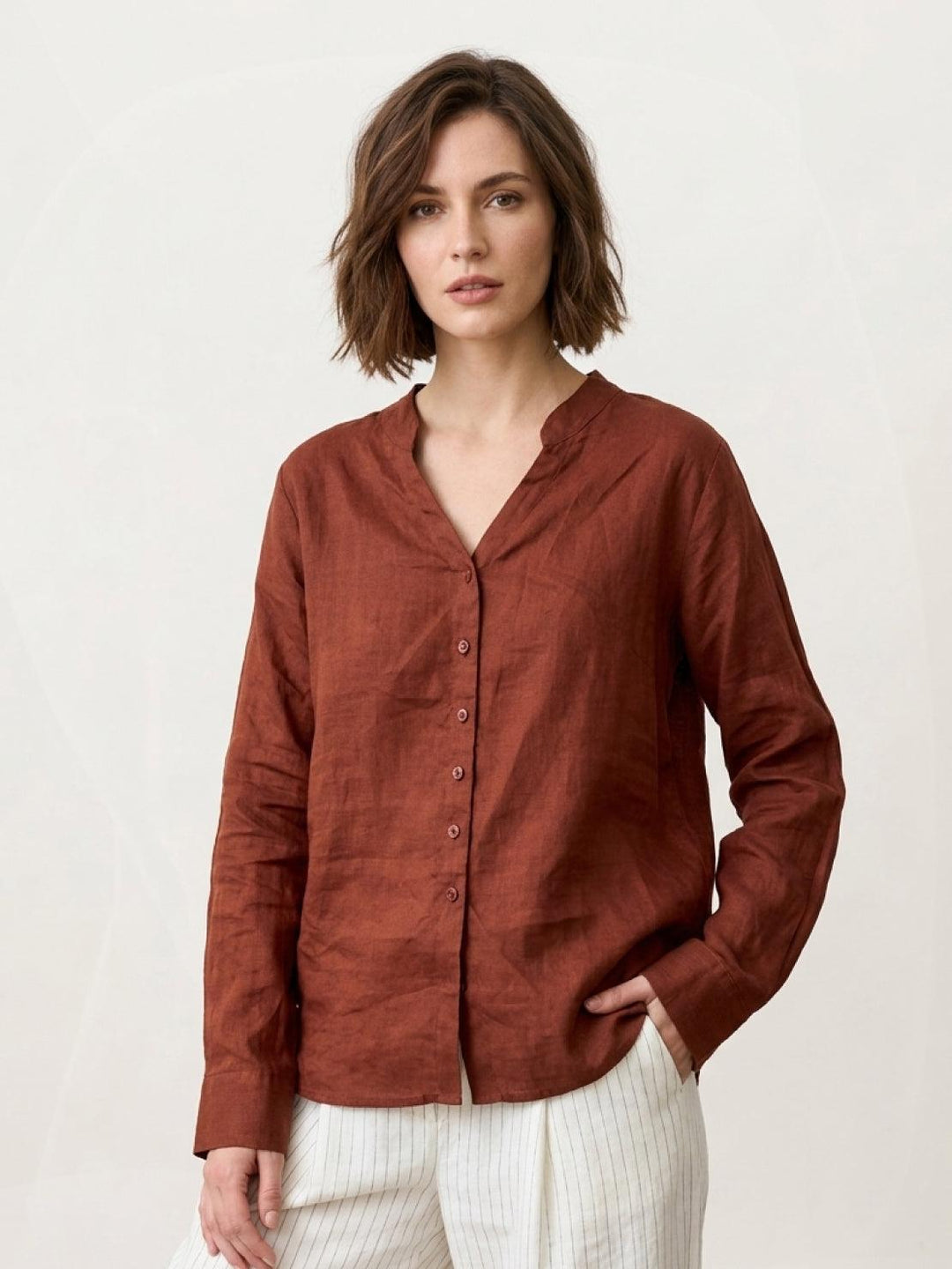 100% Linen V-Neck Shirt rust image 1 