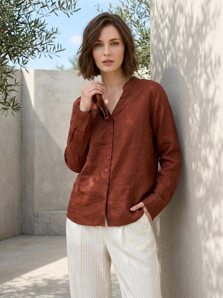 100% Linen V-Neck Shirt rust image 2 