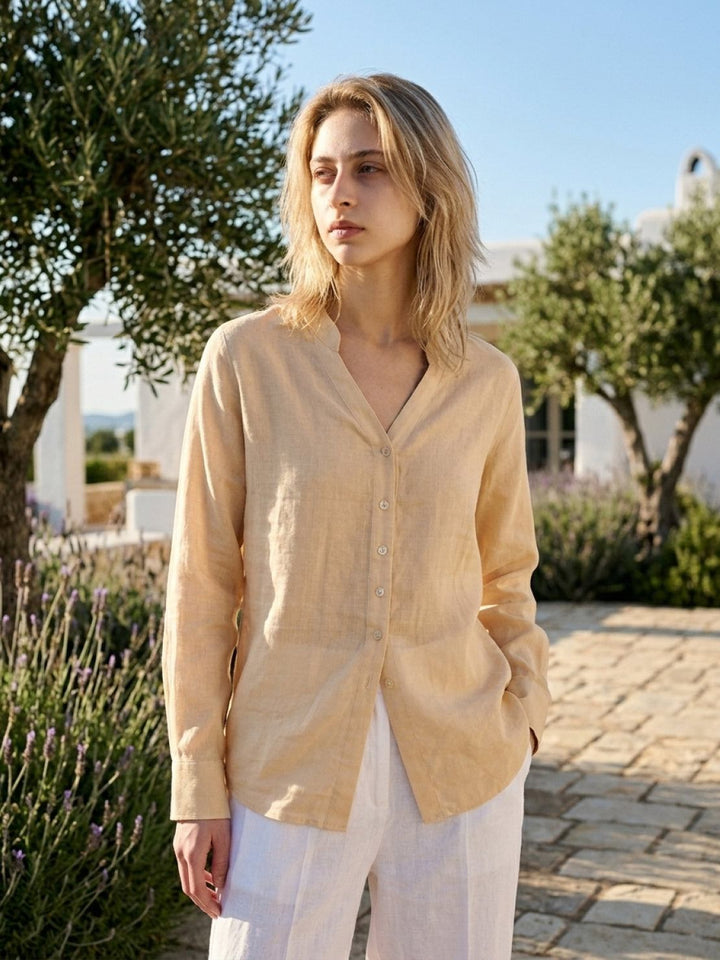 100% Linen V-Neck Shirt golden sand image 2 