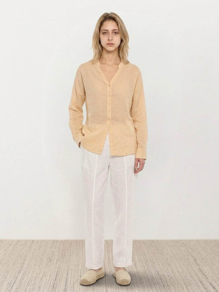 100% Linen V-Neck Shirt golden sand image 5 
