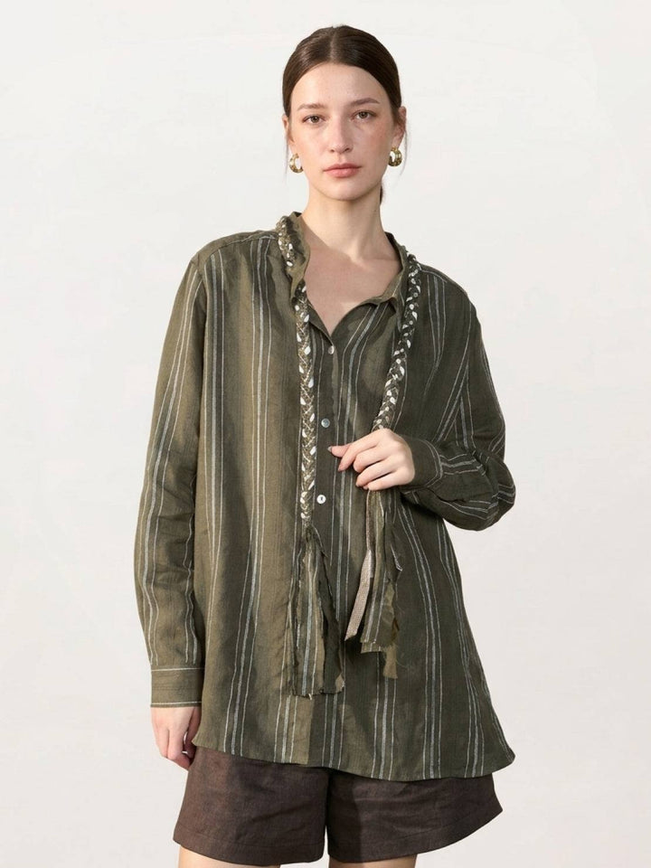 Linen-Cotton Striped Tassel-Trim Shirt army green image 1 