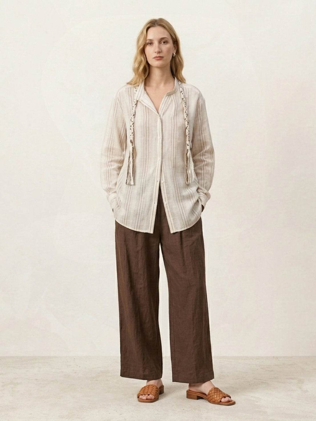 Linen-Cotton Striped Tassel-Trim Shirt beige image 5 