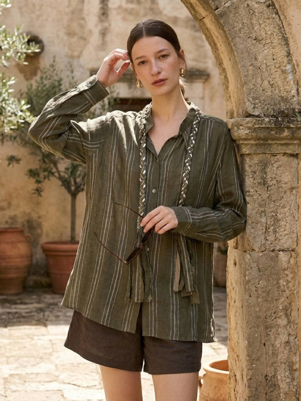 Linen-Cotton Striped Tassel-Trim Shirt army green image 2 #color_army-green