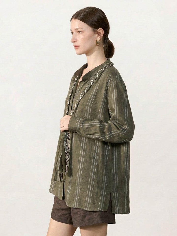 Linen-Cotton Striped Tassel-Trim Shirt army green image 3 