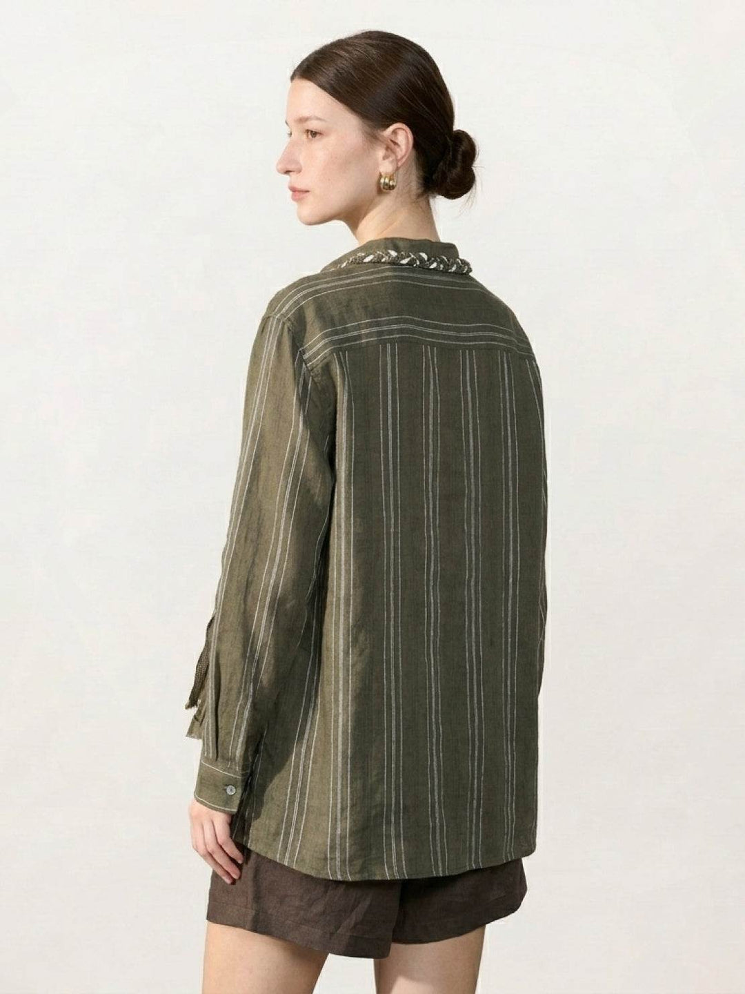 Linen-Cotton Striped Tassel-Trim Shirt army green image 4 