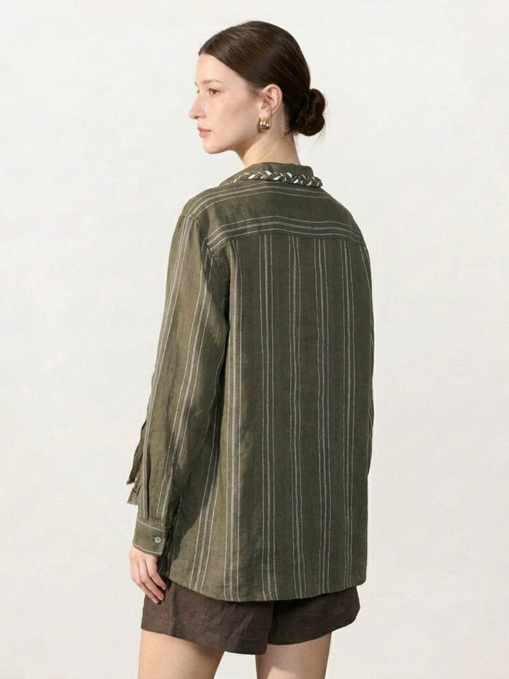 Linen-Cotton Striped Tassel-Trim Shirt army green image 4 