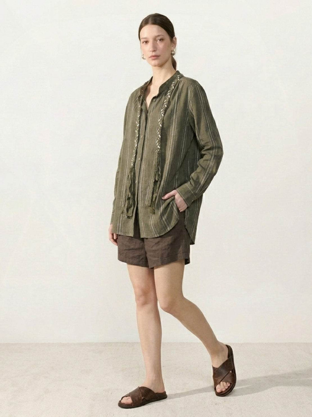 Linen-Cotton Striped Tassel-Trim Shirt army green image 5 