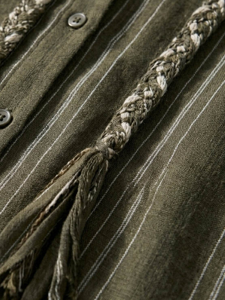 Linen-Cotton Striped Tassel-Trim Shirt army green image 6 
